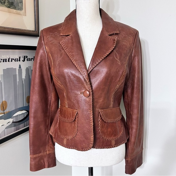 Aqua Jackets & Blazers - Y2K Aqua Cognac Brown Western Style Leather Blazer Floral Whipstitched Jacket M